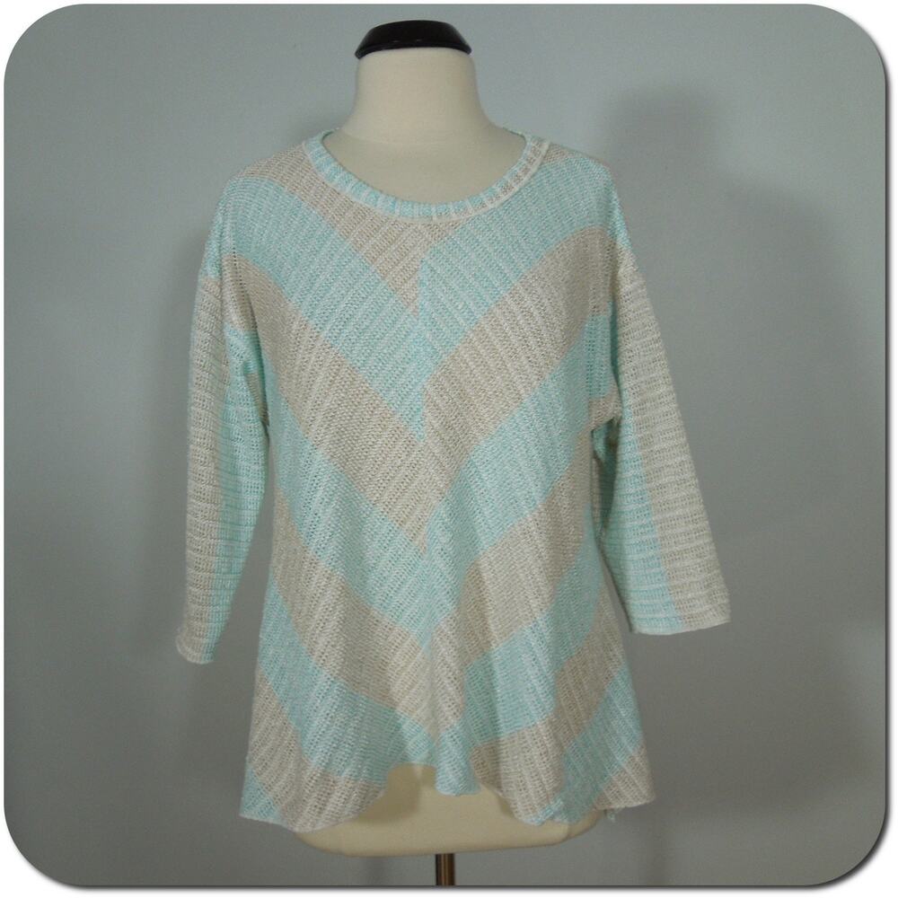 WOMENS Acrylic Tunic Top Triangle Shape 3/4 Sleeves Beige Sky Blue